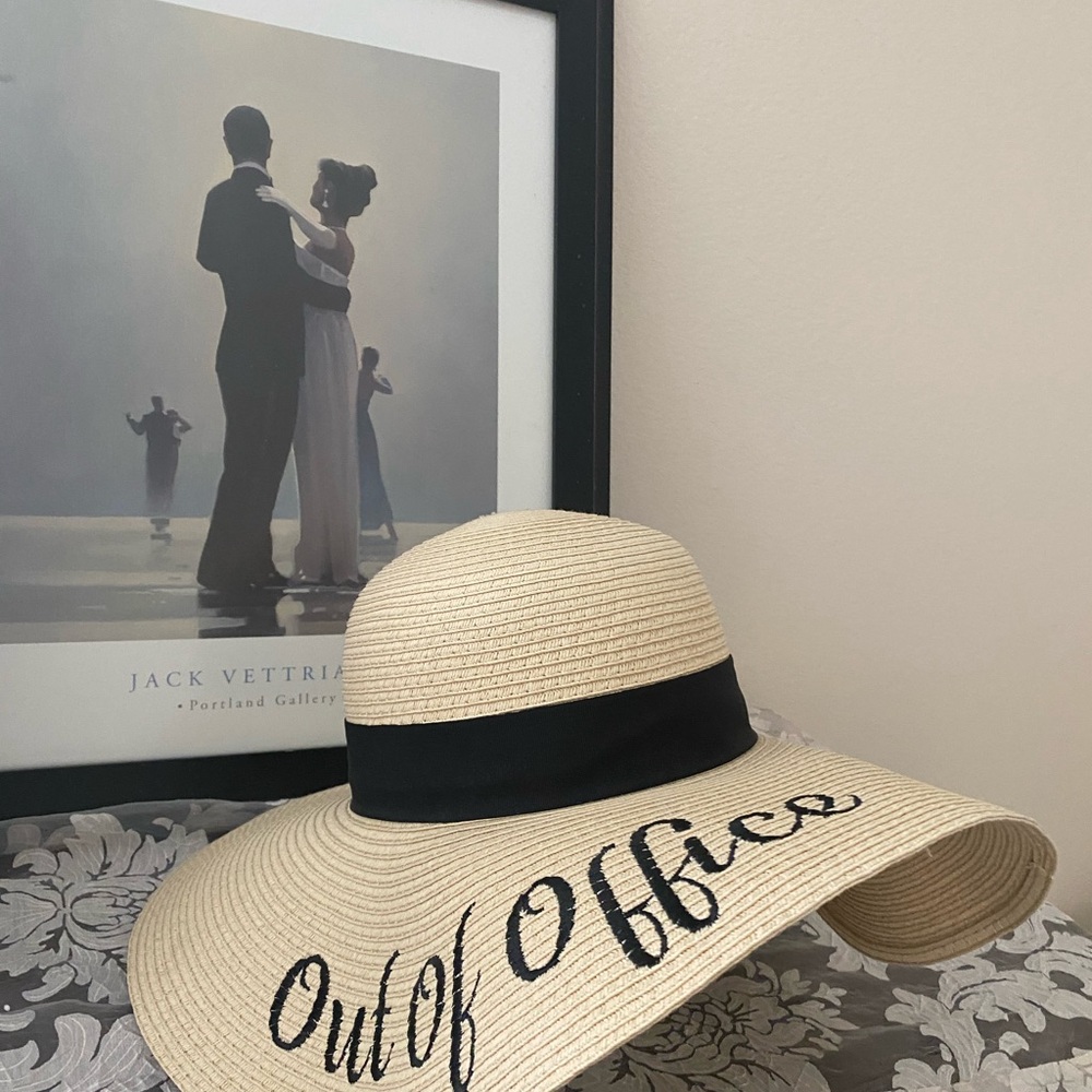 Wide brim straw beach or cruise sun hat with black ribbon, OUT OF OFFICE